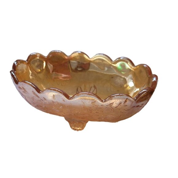 Vintage Jeanette Flora Amber Iridescent Carnival Glass Candy Dish Bowl Small 5" - Picture 2 of 8